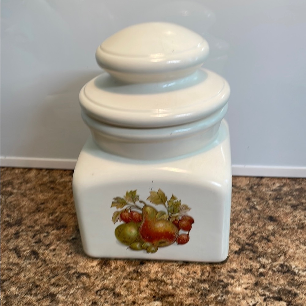 Vintage White Ceramic Food Storage Jar with Fruit‎ Motif